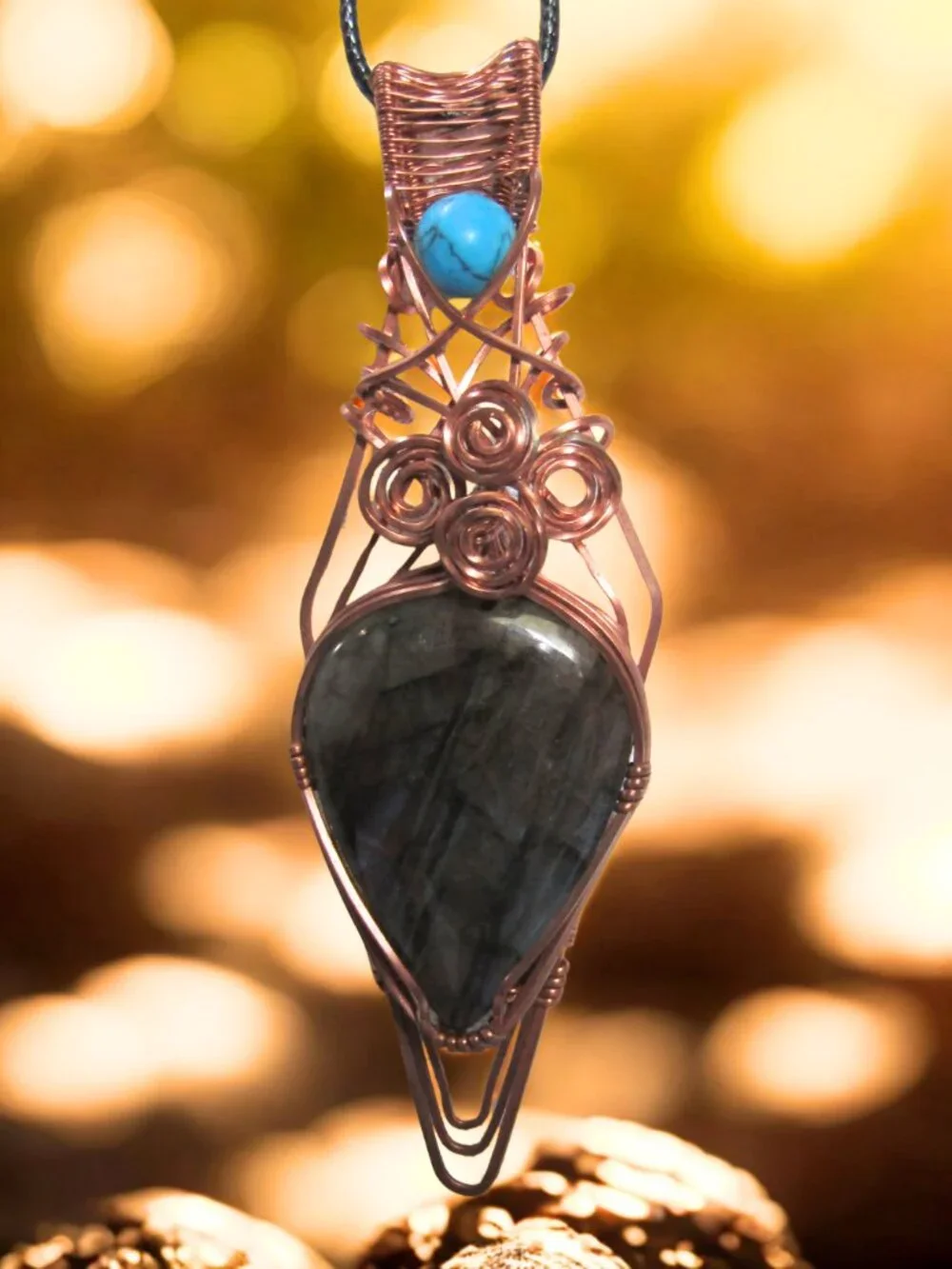 Blue Flash Labradorite Wire Wrapped Copper Pendant Necklace Handmade Gemstone 4